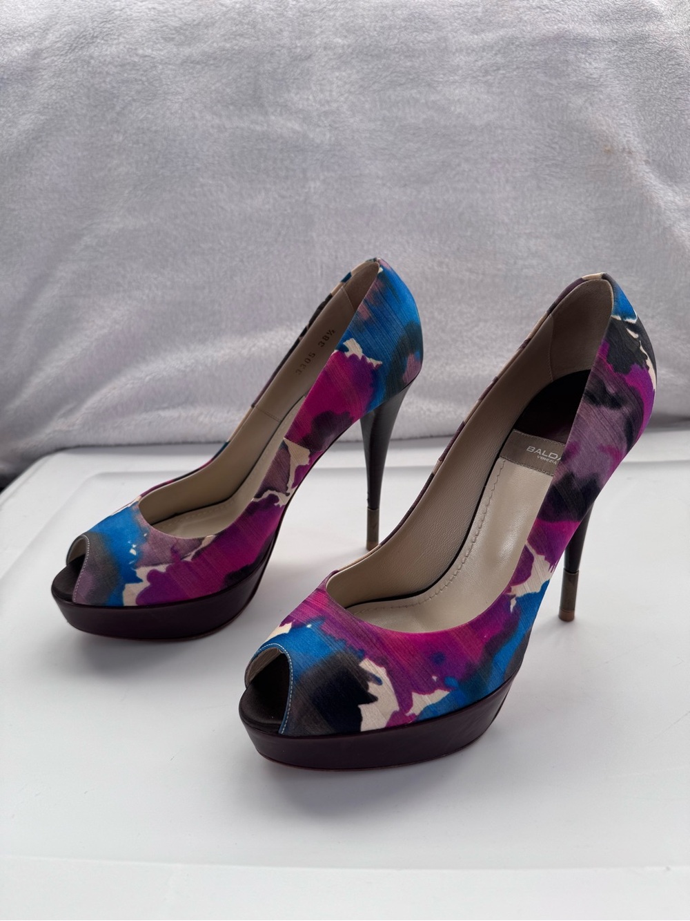 Peep-Toe Platform Heels in Blue & Purple Floral Print